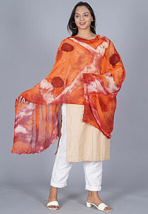 Batik Printed Chiffon Dupatta in Orange