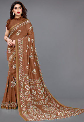 Batik Printed Chiffon Saree in Brown