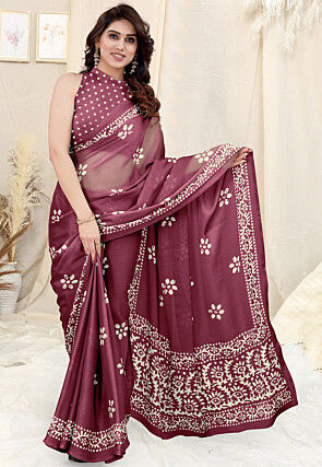 Batik Printed Chiffon Saree in Dark Purple