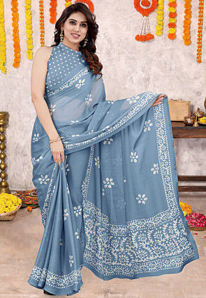 Batik Printed Chiffon Saree in Dusty Blue