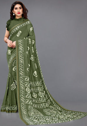 Batik Printed Chiffon Saree in Green
