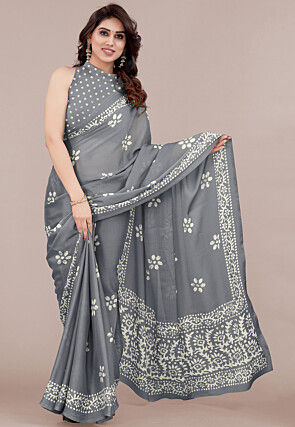 Batik Printed Chiffon Saree in Grey