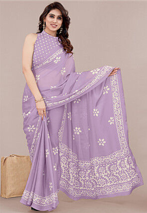 Batik Printed Chiffon Saree in Purple
