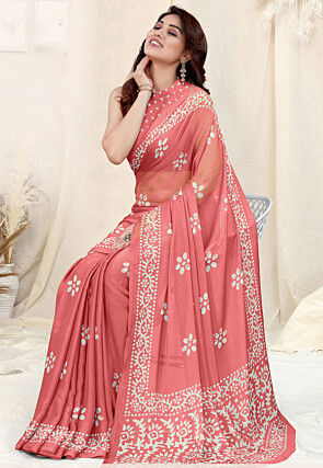 Batik Printed Chinon Chiffon Saree in Peach