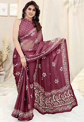 Batik Printed Chinon Chiffon Saree in Wine
