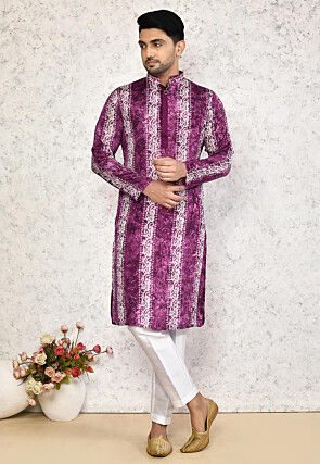 Batik Printed Chinon Crepe Kurta Set in Purple