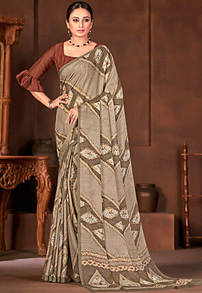 Batik Printed Chinon Georgette Saree in Fawn