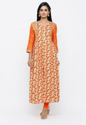 Batik Printed Cotton A Line Kurta in Beige and Orange