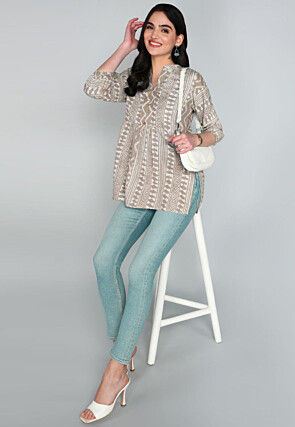 Batik Printed Cotton A Line Kurti in Beige