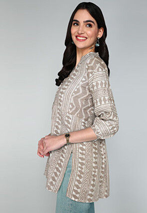 Batik Printed Cotton A Line Kurti in Beige