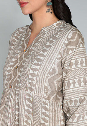 Batik Printed Cotton A Line Kurti in Beige
