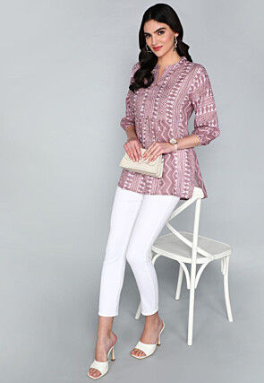 Batik Printed Cotton A Line Kurti in Old Rose