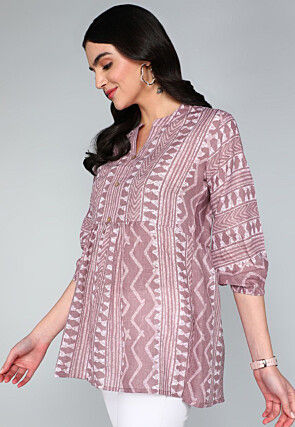 Batik Printed Cotton A Line Kurti in Old Rose