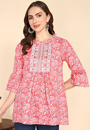 Batik Printed Cotton A Line Kurti in Peach