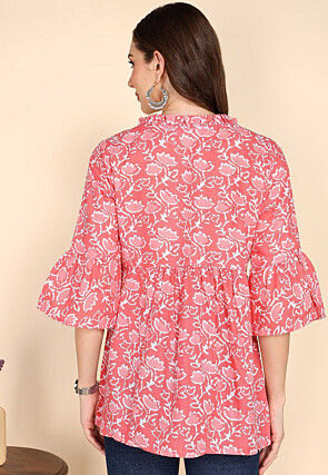 Batik Printed Cotton A Line Kurti in Peach