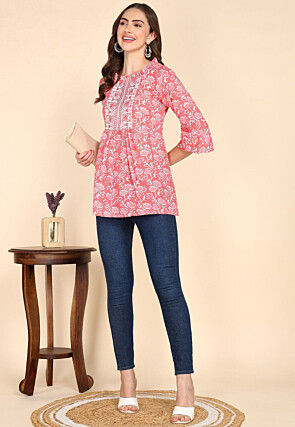 Batik Printed Cotton A Line Kurti in Peach