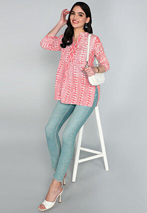 Batik Printed Cotton A Line Kurti in Peach