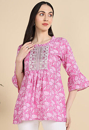 Batik Printed Cotton A Line Kurti in Pink