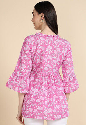 Batik Printed Cotton A Line Kurti in Pink