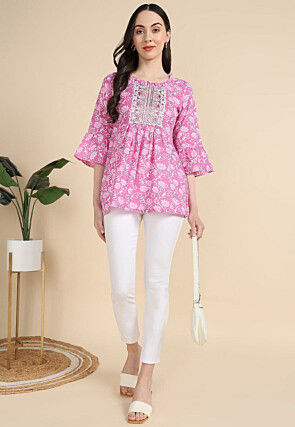 Batik Printed Cotton A Line Kurti in Pink