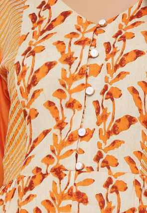 Batik Printed Cotton A Line Suit in Beige and Orange