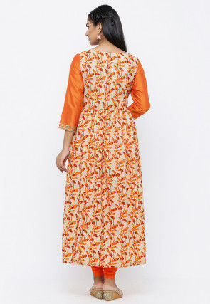 Batik Printed Cotton A Line Suit in Beige and Orange