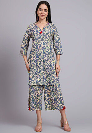 Batik Printed Cotton Co Ord Set in Beige and Blue
