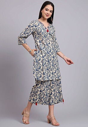 Batik Printed Cotton Co Ord Set in Beige and Blue