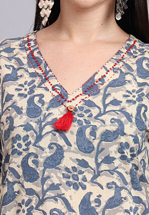 Batik Printed Cotton Co Ord Set in Beige and Blue