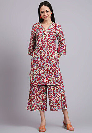Batik Printed Cotton Co Ord Set in Beige and Red