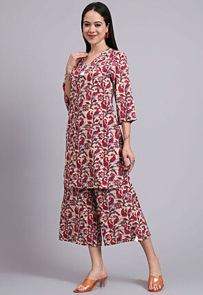 Batik Printed Cotton Co Ord Set in Beige and Red
