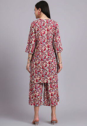 Batik Printed Cotton Co Ord Set in Beige and Red