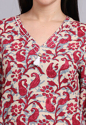 Batik Printed Cotton Co Ord Set in Beige and Red