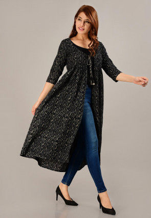 Batik Printed Cotton Flared Shrug in Black