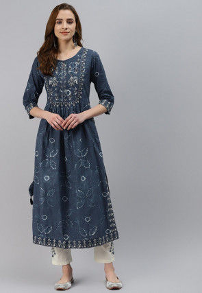 Printed Cotton Kurta with Pant in Sky Blue : TKV255