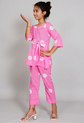 Batik Printed Cotton Long Tied Up Top Set in Light Pink