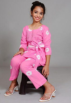 Batik Printed Cotton Long Tied Up Top Set in Light Pink