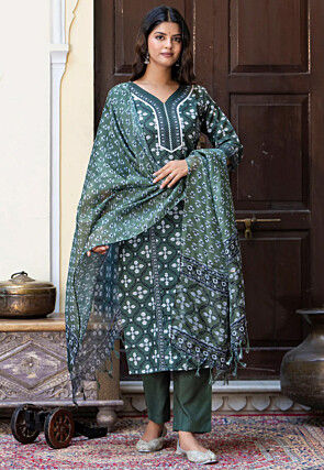 Batik Printed Cotton Pakistani Suit in Green