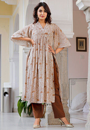 Batik Printed Cotton Pakistani Suit in Light Brown