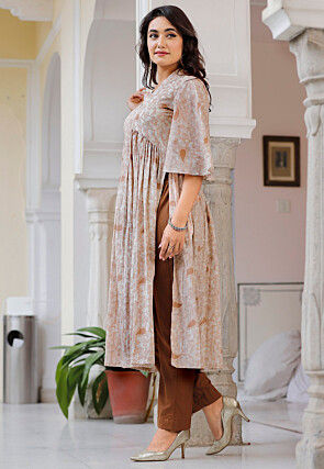 Batik Printed Cotton Pakistani Suit in Light Brown