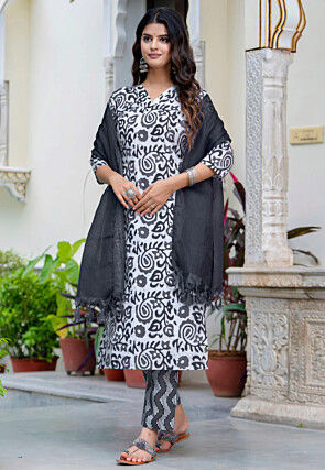 Batik Printed Cotton Pakistani Suit in Off White and Black