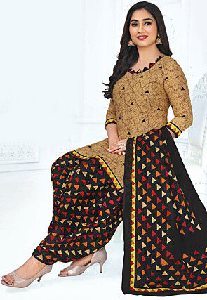 Batik Printed Cotton Punjabi Suit in Beige
