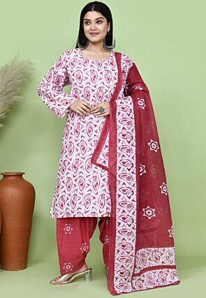 Batik Printed Cotton Punjabi Suit in White