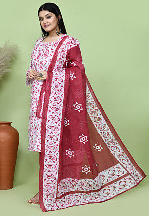 Batik Printed Cotton Punjabi Suit in White