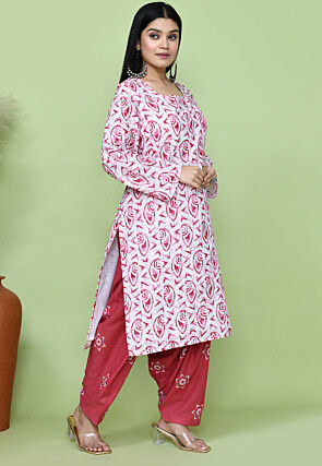 Batik Printed Cotton Punjabi Suit in White