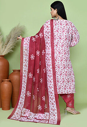 Batik Printed Cotton Punjabi Suit in White