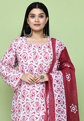 Batik Printed Cotton Punjabi Suit in White