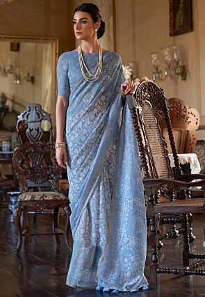 Batik Printed Cotton Saree in Blue