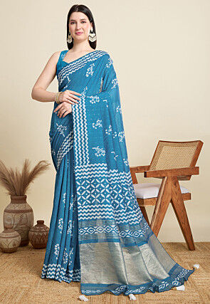 Batik Printed Cotton Saree in Blue