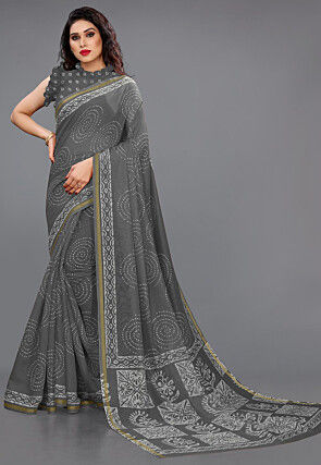 Batik Printed Cotton Saree in Dark Grey